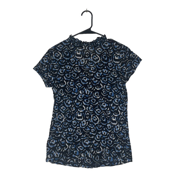 Retro Womens Blouse Blue Geometric Y2K Funky Abstract Ruffle V Neck Size S - Picture 2 of 5